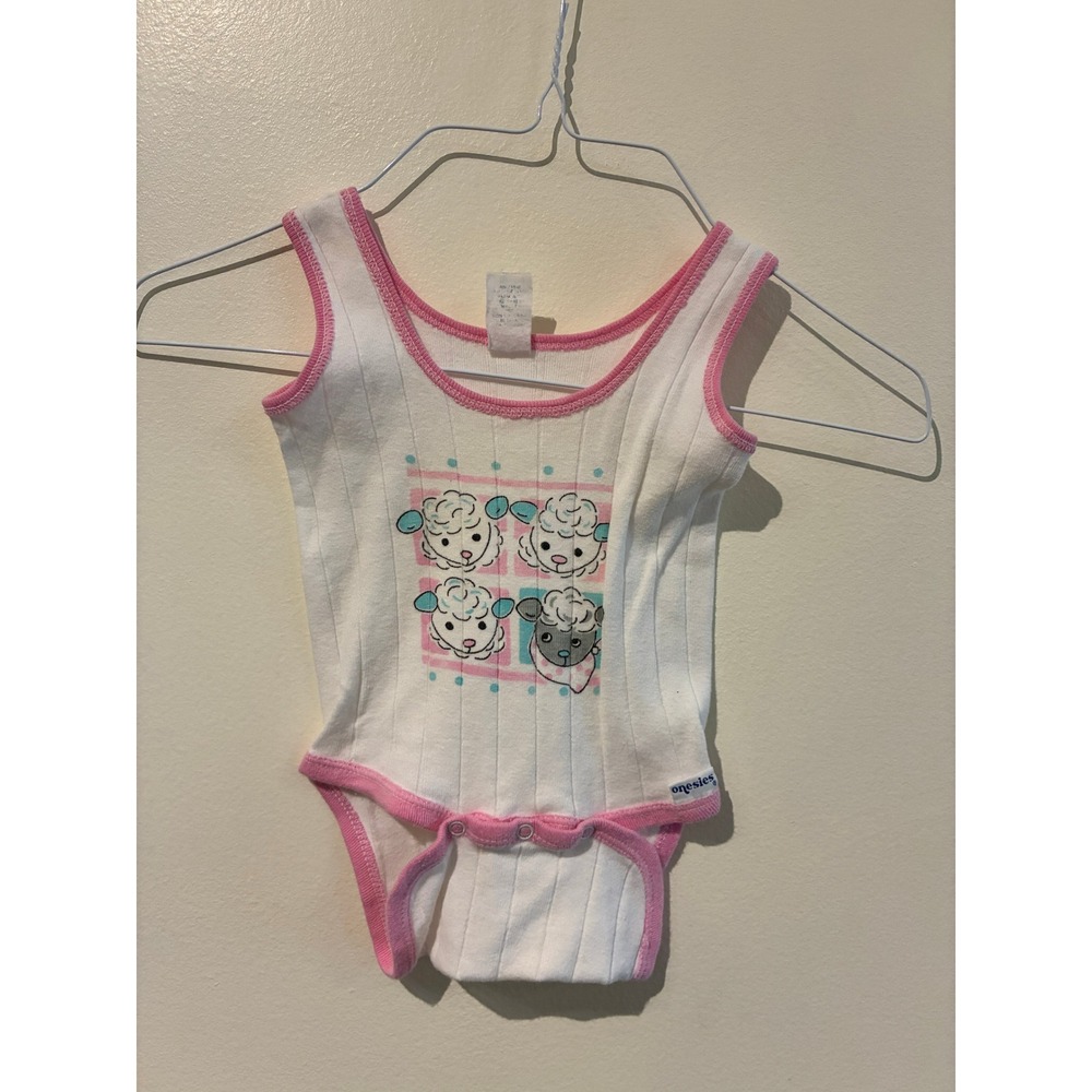 Vintage Gerber Lamb Graphic Ribbed Bodysuit White Pink Sleeveless 3-6M